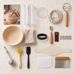 Alle 15 Teile des Teigling Sauerteig-Starter-Sets von oben