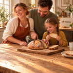 Familie schneidet ihr erstes selbstgebackenes Sauerteigbrot an