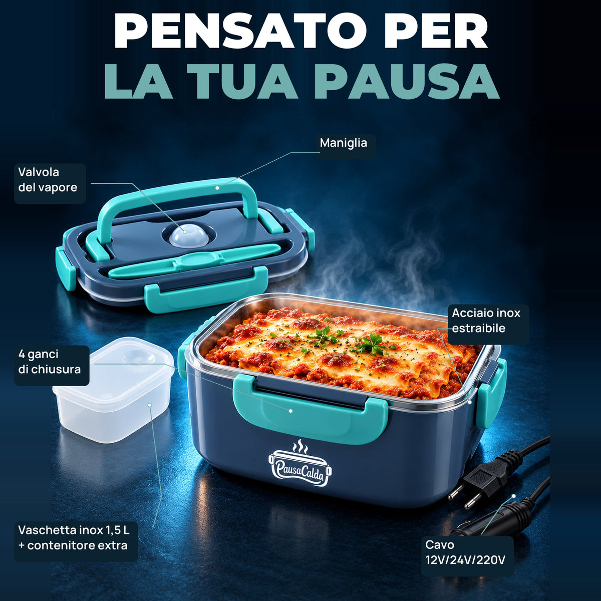 Dettagli: valvola del vapore, maniglia, 4 ganci, vaschetta in acciaio inox estraibile