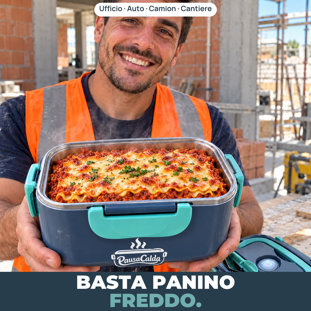 Lavoratore in cantiere con PausaCalda e lasagna calda